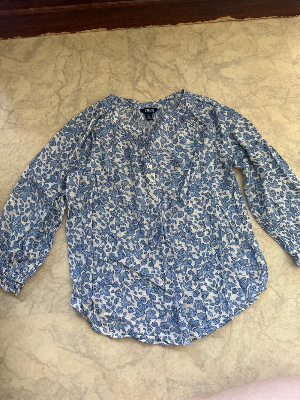 Chaps Blue and White Floral Henley Blouse